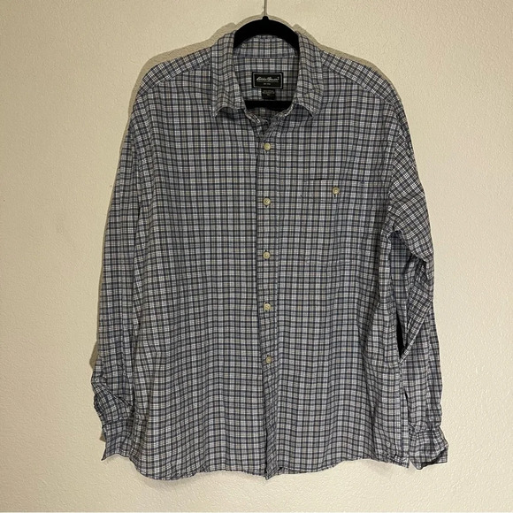 Eddie Bauer plaid long sleeve button down shirt men's size XL tan, white & blue - Picture 1 of 14